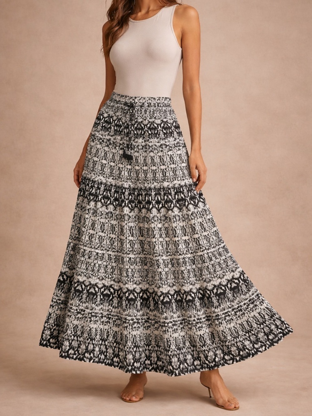 Robert Louis Black White Stretch Skirt Elastic Waist Casual Size L Staple Skirt